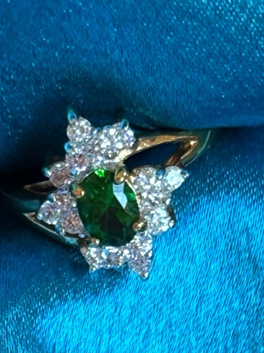 Yellow Gold Ring with Green Center Stone and clear Accents